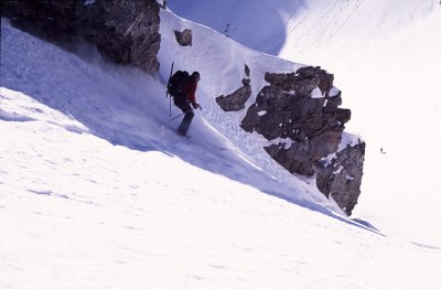 Josh skis the chute.
