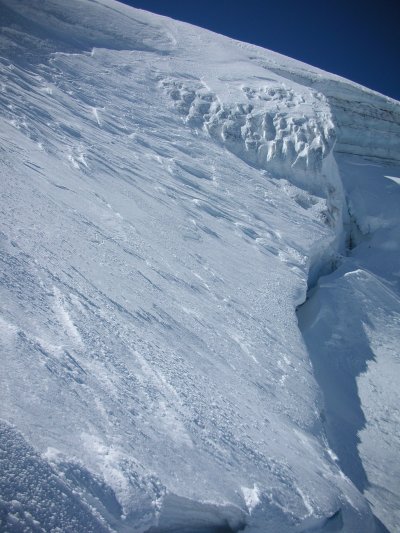 Liberty Ridge bergschrund ski tracks