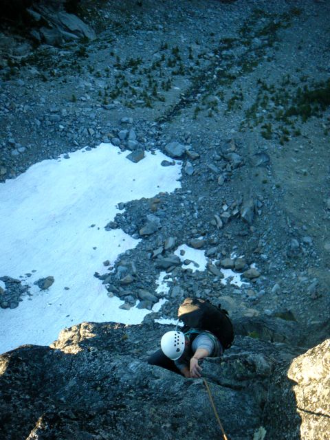 Justin climbs finishing the final technical pitch of the lower north ridge